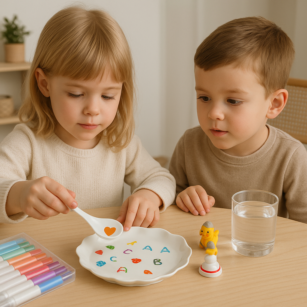 Two young children sit at a table, one using a spoon to lift a paper heart from a plate decorated with colorful letters and doodles. Markers, a toy duck, and the Magic Water Pen – 12 Floating Drawing Markers set make the scene playful and creative.