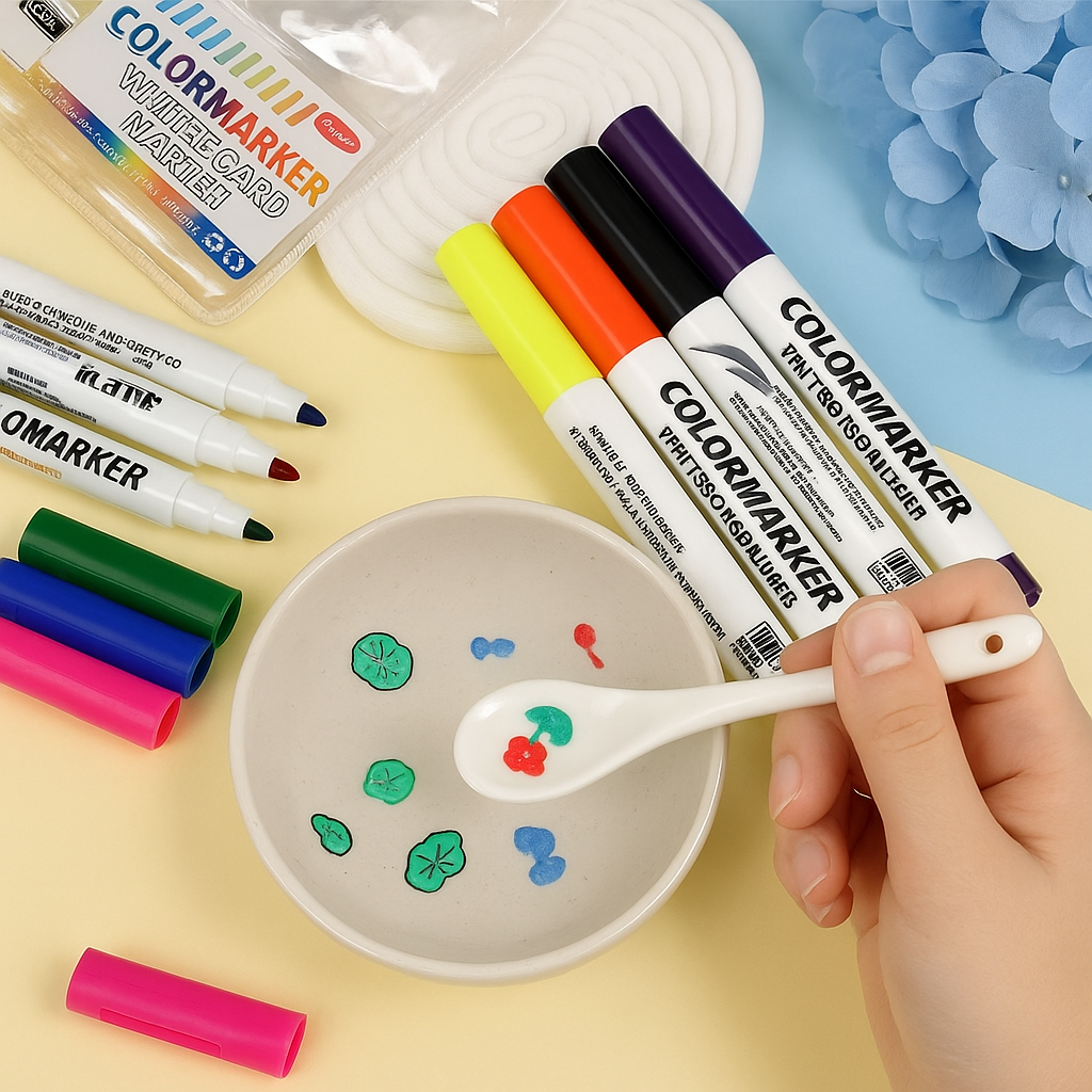 A hand holds a white spoon above a bowl with floating artworks created using the Magic Water Pen – 12 Floating Drawing Markers, with colorful markers and caps scattered on a yellow and light blue surface.