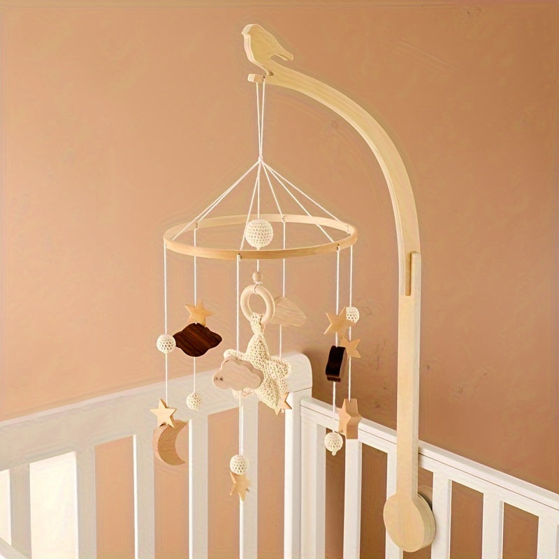 Natural Wood & Crochet Baby Crib Mobile – Stars & Clouds Design-Toyfetti