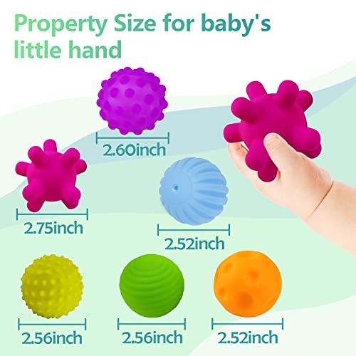 A baby holds the Toyfetti Montessori Sensory Wonder Ball, part of an educational textured ball set for babies and toddlers. Five other colorful balls, each labeled with their diameter in inches, promote fine motor skills. Property Size for babys little hand.