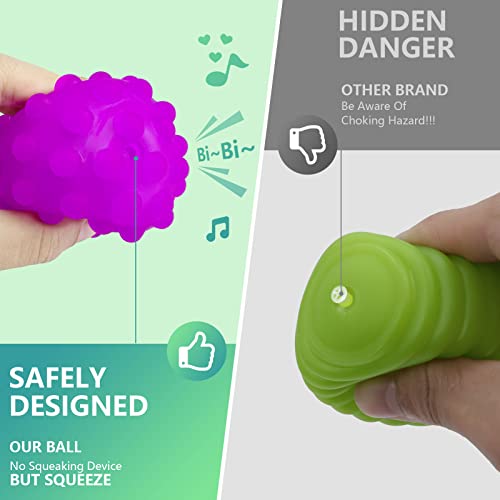 Comparison image shows the safe Toyfetti Montessori Sensory Wonder Ball in purple with music notes supporting fine motor skills, versus a green toy with a visible hole and choking hazard warning. The Wonder Ball ensures safe sensory play for babies and toddlers.