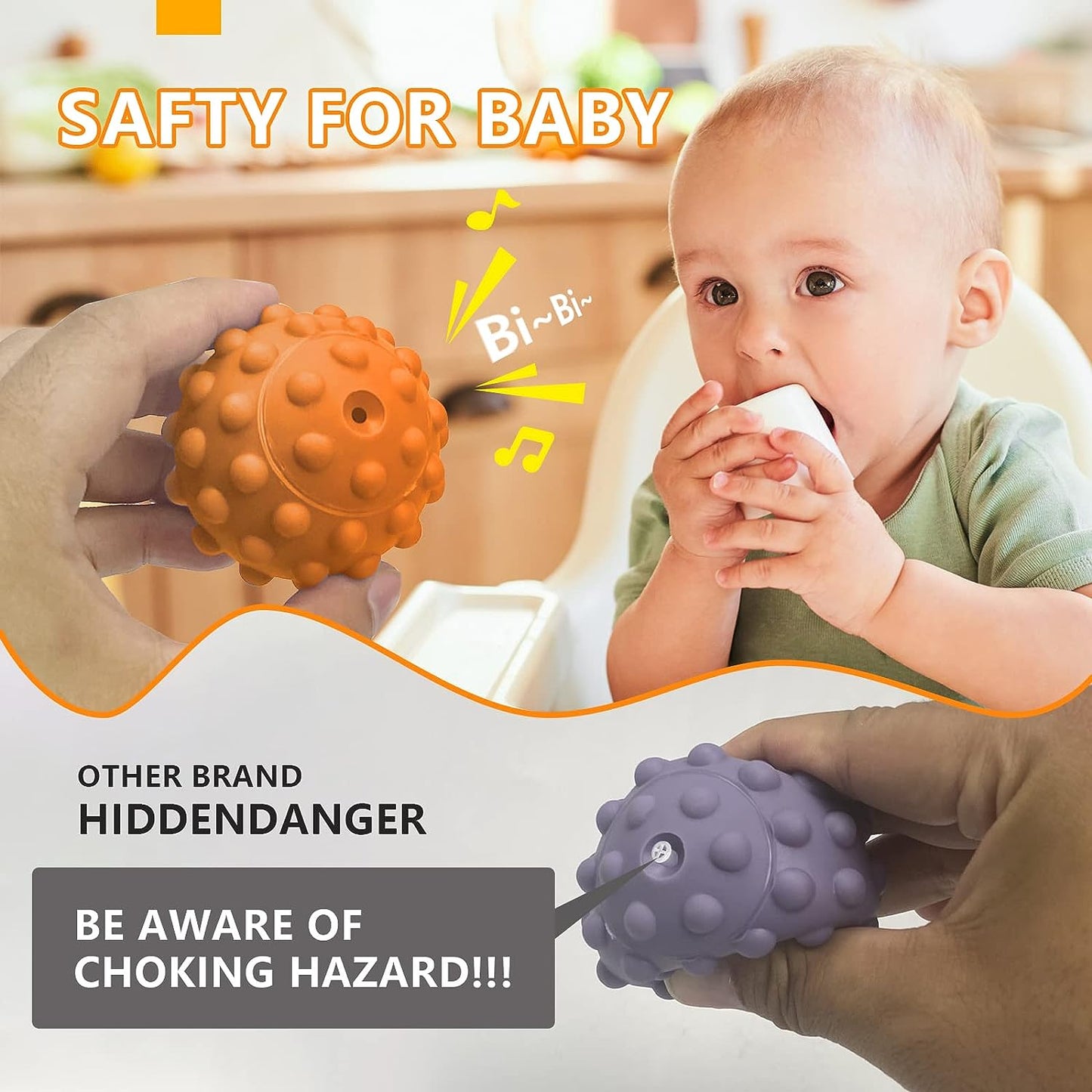 A baby in a high chair holds a white item as an adult displays the Toyfetti Montessori Sensory Wonder Ball – Educational Textured Ball Set for Babies & Toddlers, showing fine motor development benefits. Text warns of choking hazards and stresses SAFETY FOR BABY.