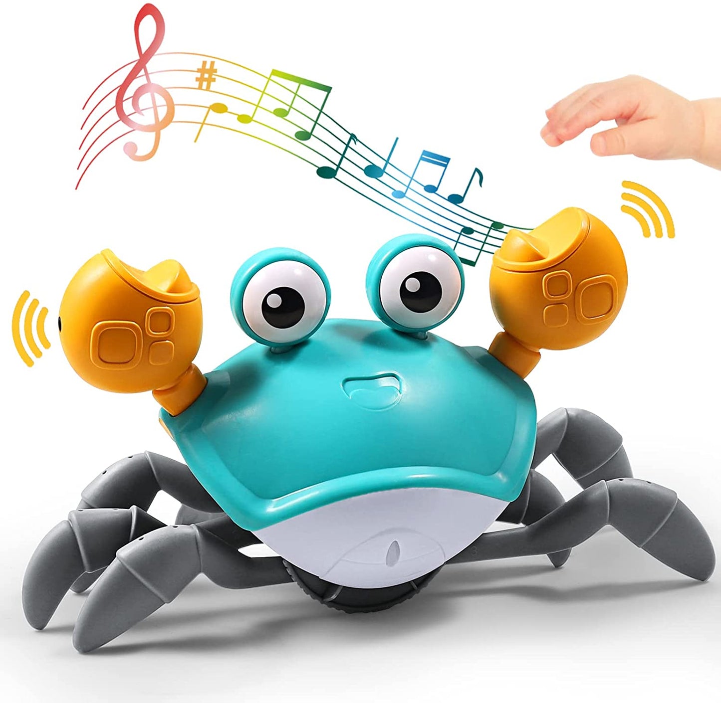 A childs hand reaches toward the Toyfetti HappyCrab – Crawling Companion with Lights & Music, a colorful toy with orange claws and big eyes. Musical notes and symbols float above, making tummy time lively and fun.