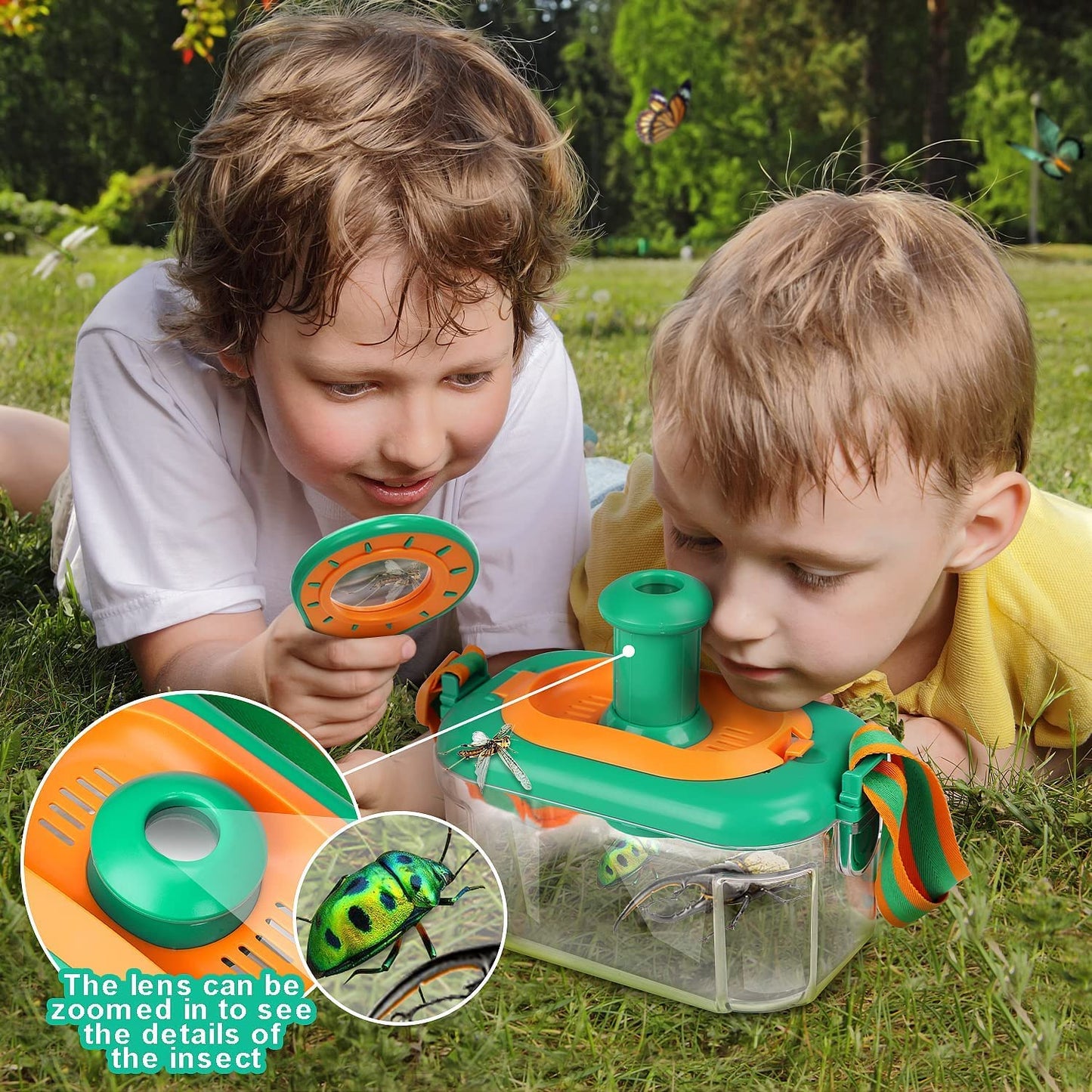 Two junior scientists examine an insect with the Toyfetti Little Explorer Bug Catching Set – Nature Discovery Kit for Curious Kids, using the magnifying lens to zoom in on a green beetle and explore its details.