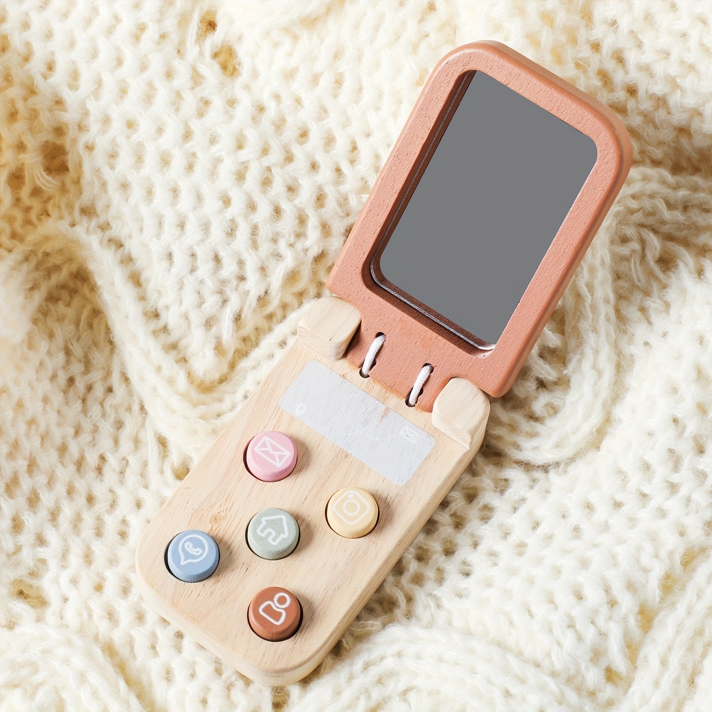 Wooden Bear Flip Phone Toy – Pretend Play Mobile with Mirror & Buttons-Toyfetti