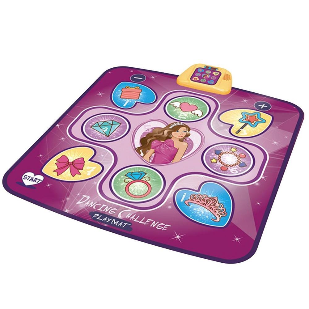 The Toyfetti Interactive Dance Light Mat – LED Movement Game for Kids features a purple playmat with colorful icons (bow, microphone, ring, diamond, tiara, shoes, girl in pink dress) and a yellow electronic device with built-in music for rhythmic play.
