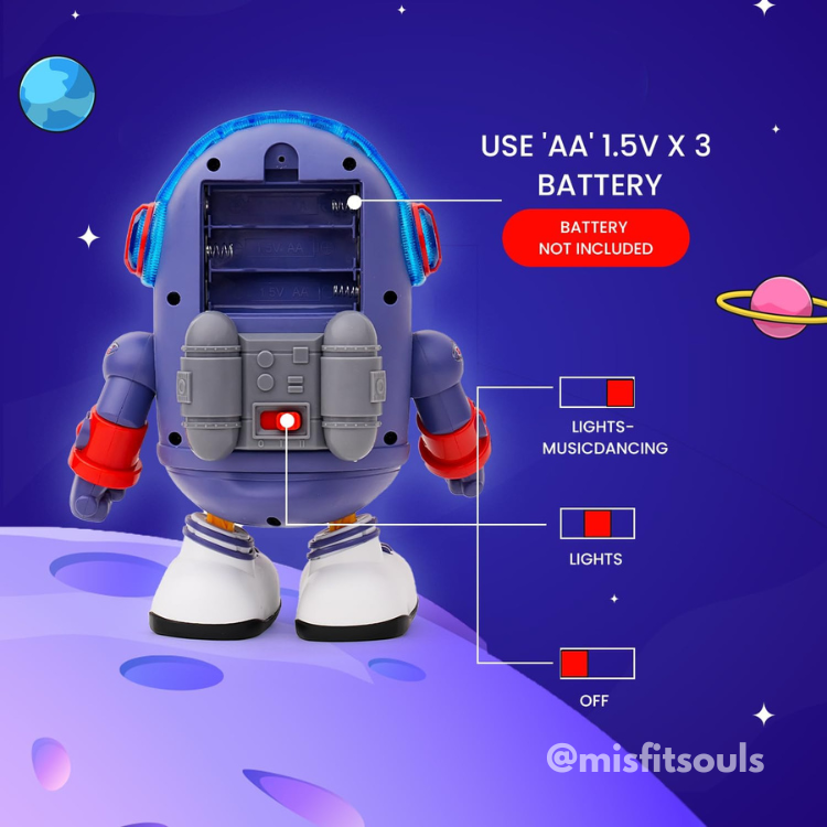 The DazzleDuck by Toyfetti stands on a purple planet, showing its 3 AA battery compartment (batteries not included). Switch settings: lights+music+dancing, lights only, or off—ideal for toddler music lovers. Cartoon planet & @misfitsouls watermark.