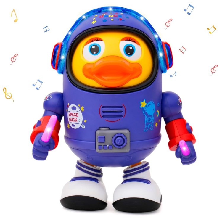 The Toyfetti DazzleDuck is a light-up musical dancing duck in a blue and purple astronaut suit. With vibrant light effects and musical sounds, this glowing toddler toy features colorful floating notes, delighting little ones.