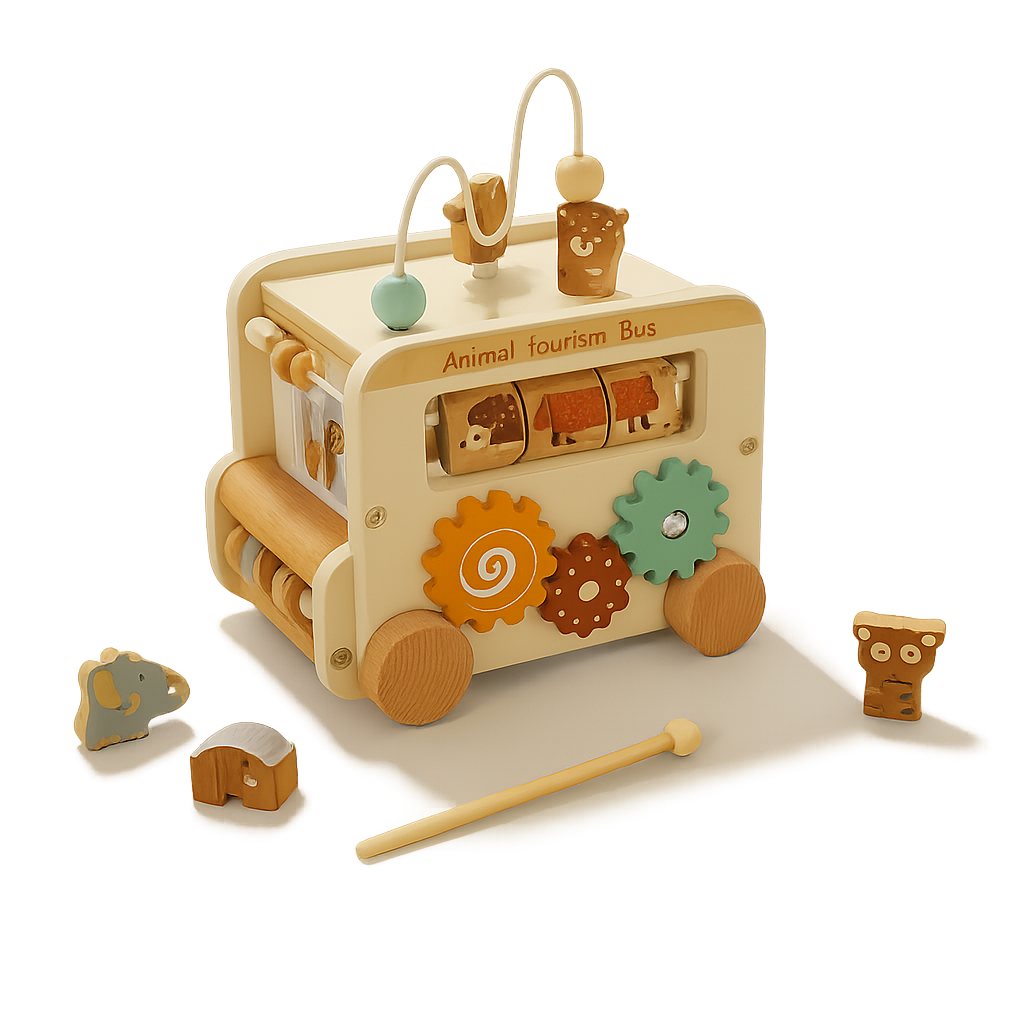Wooden Animal Activity Bus – 6-in-1 Early Learning Maze, Shape Sorter-Toyfetti