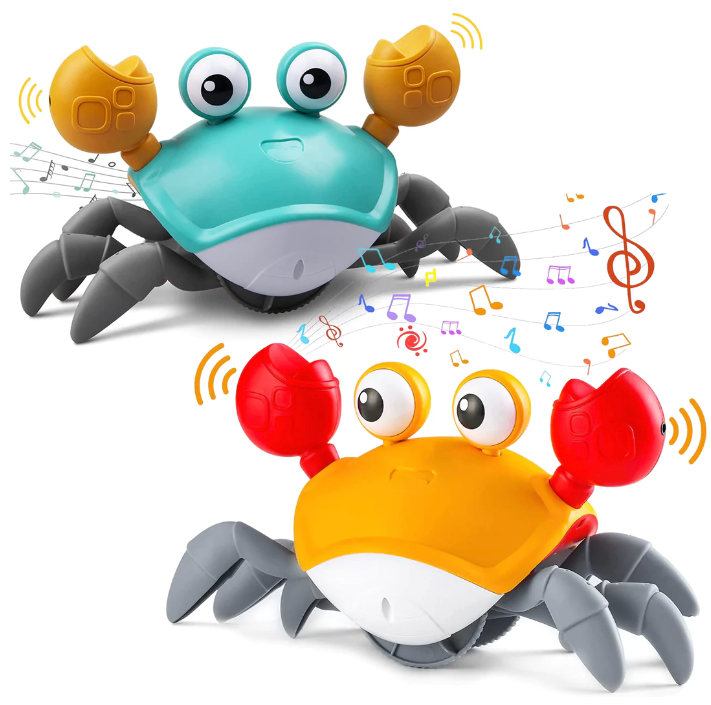 Toyfetti’s HappyCrab – Crawling Companion with Lights & Music features two playful crabs, blue and orange, with raised claws and big cartoon eyes. They move on their own and play music—perfect for tummy time fun!.