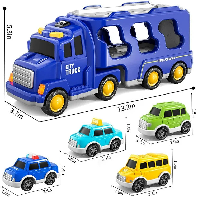 The Toyfetti TruckTrail – Light-Up Vehicle Carrier with Storage is a blue city transport truck (13.2 x 3.7 x 5.3 in) with open sides, plus four small toy cars—a taxi, police car, yellow van, and green SUV—perfect for vehicle storage fun.
