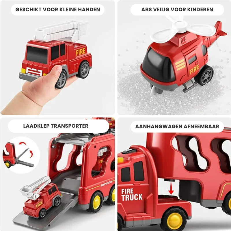 Four images show Toyfettis TruckTrail – Light-Up Vehicle Carrier with Storage: a fire truck in a child’s hand, a rescue helicopter, the carrier loading a smaller fire truck, and the fire truck with detachable trailer.