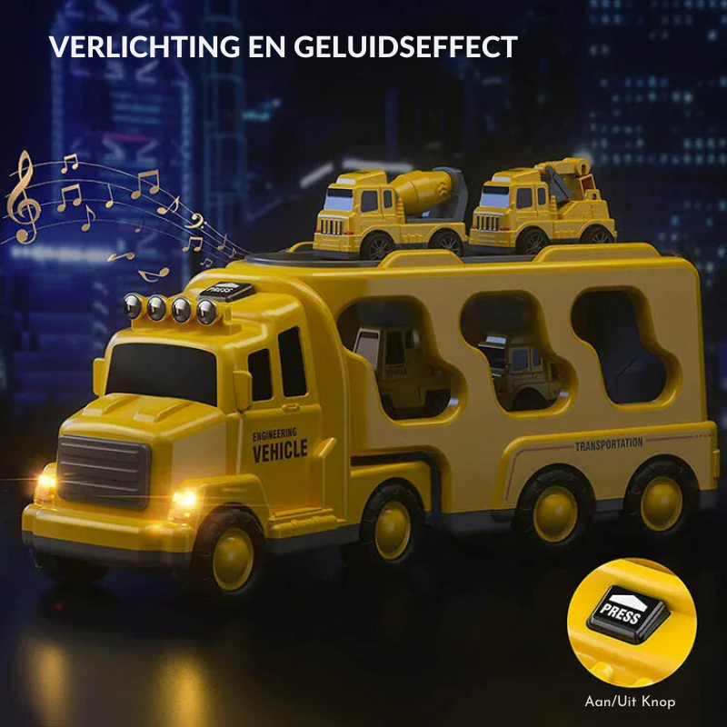 The Toyfetti TruckTrail – Light-Up Vehicle Carrier with Storage is a yellow truck featuring lights, sound effects, music notes, Dutch text, and a PRESS button. Includes three small construction vehicles and doubles as a fun storage case.