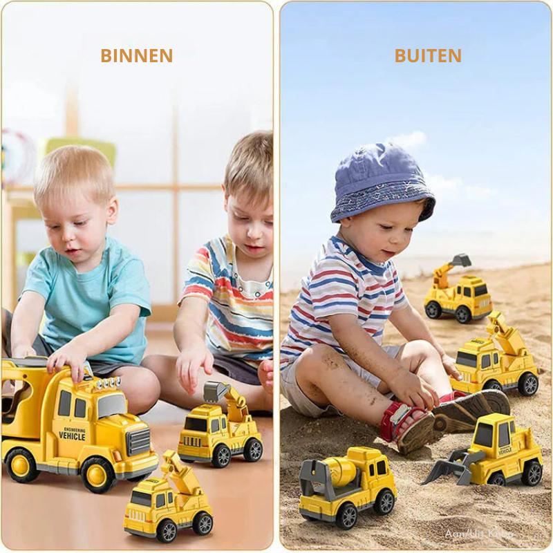 Two kids play indoors with the Toyfetti TruckTrail – Light-Up Vehicle Carrier, while another child in a hat enjoys the same toy in the sand outside. “BINNEN” and “BUITEN” label the scenes for indoor and outdoor play.