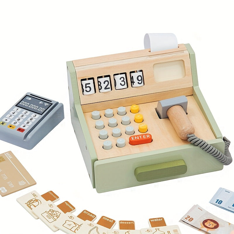 Wooden Kids Cash Register Playset – 35pcs Educational Pretend Shop-Toyfetti