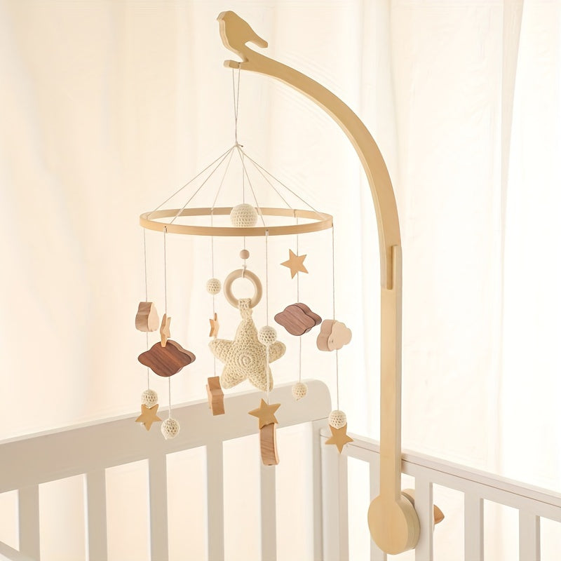 Natural Wood & Crochet Baby Crib Mobile – Stars & Clouds Design-Toyfetti