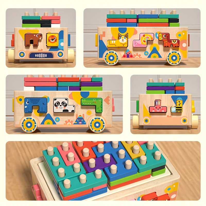 Animal Shape Sorter on Wheels – Montessori Wooden Block Puzzle-Toyfetti