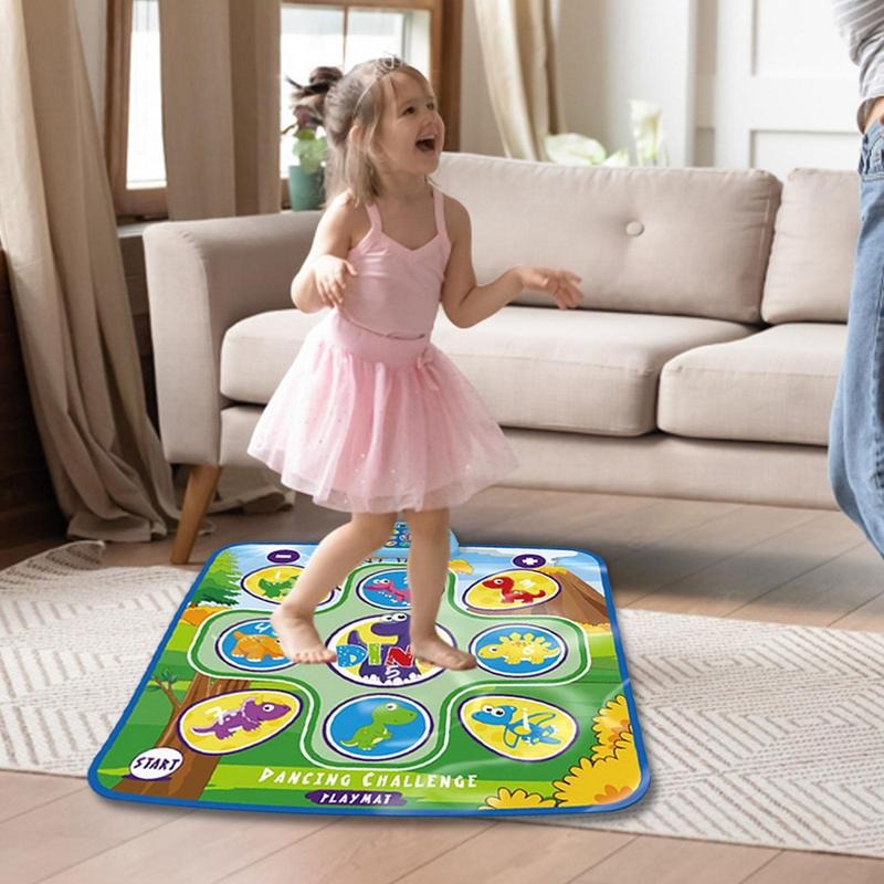 A young girl in a pink tutu dress smiles and plays on the Toyfetti Interactive Dance Light Mat – LED Movement Game for Kids, featuring animal graphics and built-in music, in a bright living room.
