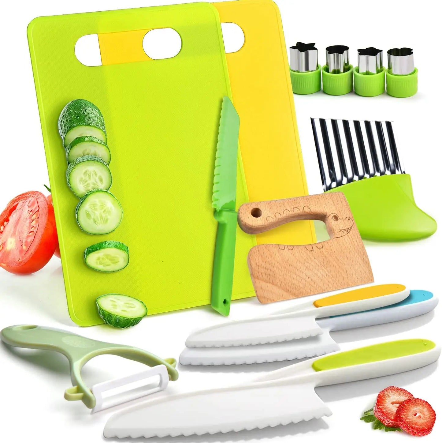 The Toyfetti Junior Chef Kids Cooking Set – Montessori-Inspired Safe Kitchen Tools includes cutting boards, knives, a vegetable peeler, slicers, and cutters—perfect for child-safe kitchen fun and learning through play.