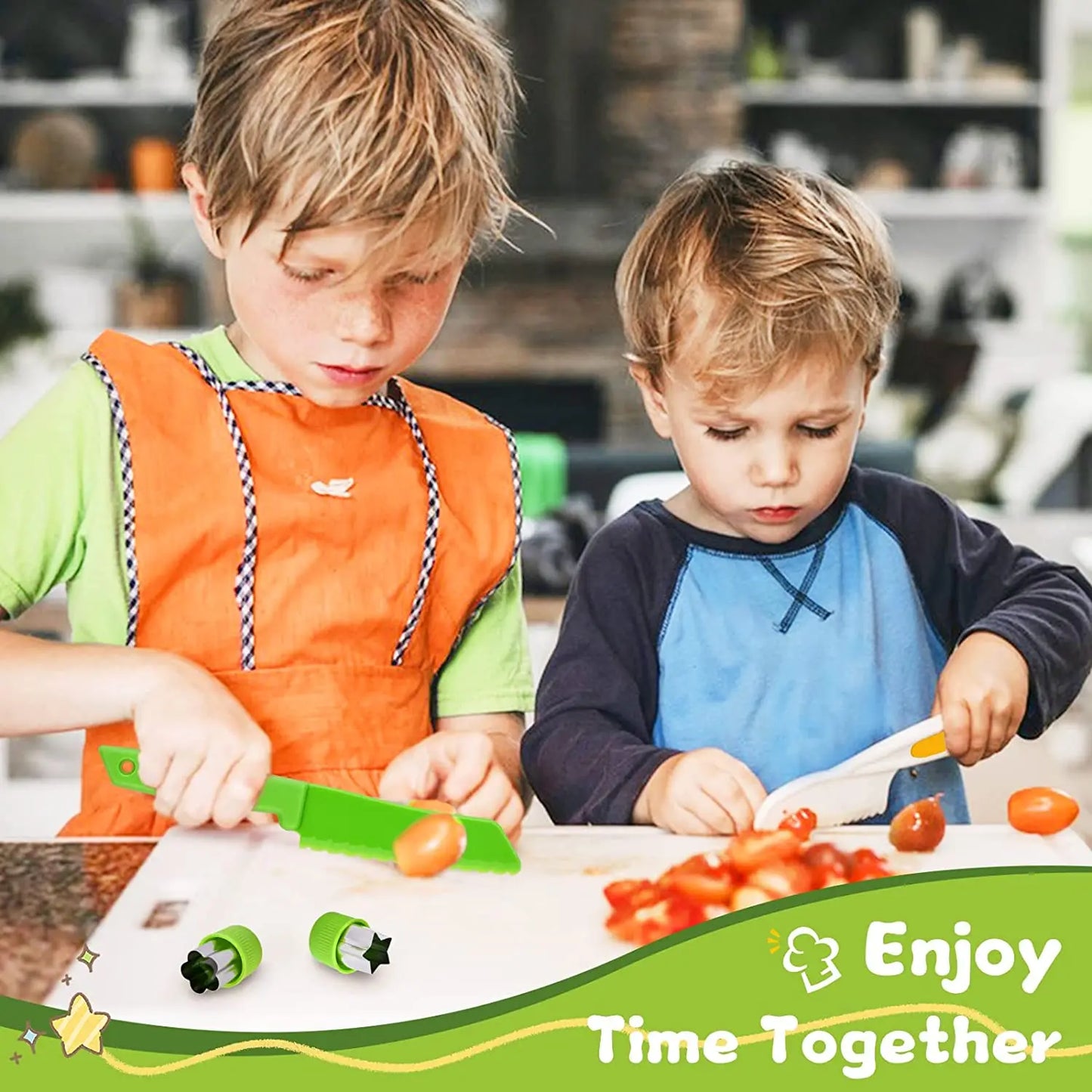 Two children stand at a kitchen counter using the Toyfetti Junior Chef Kids Cooking Set – Montessori-Inspired Safe Kitchen Tools for Learning Through Play. “Enjoy Time Together” and cartoon vegetables decorate the scene as they focus on slicing cherry tomatoes.