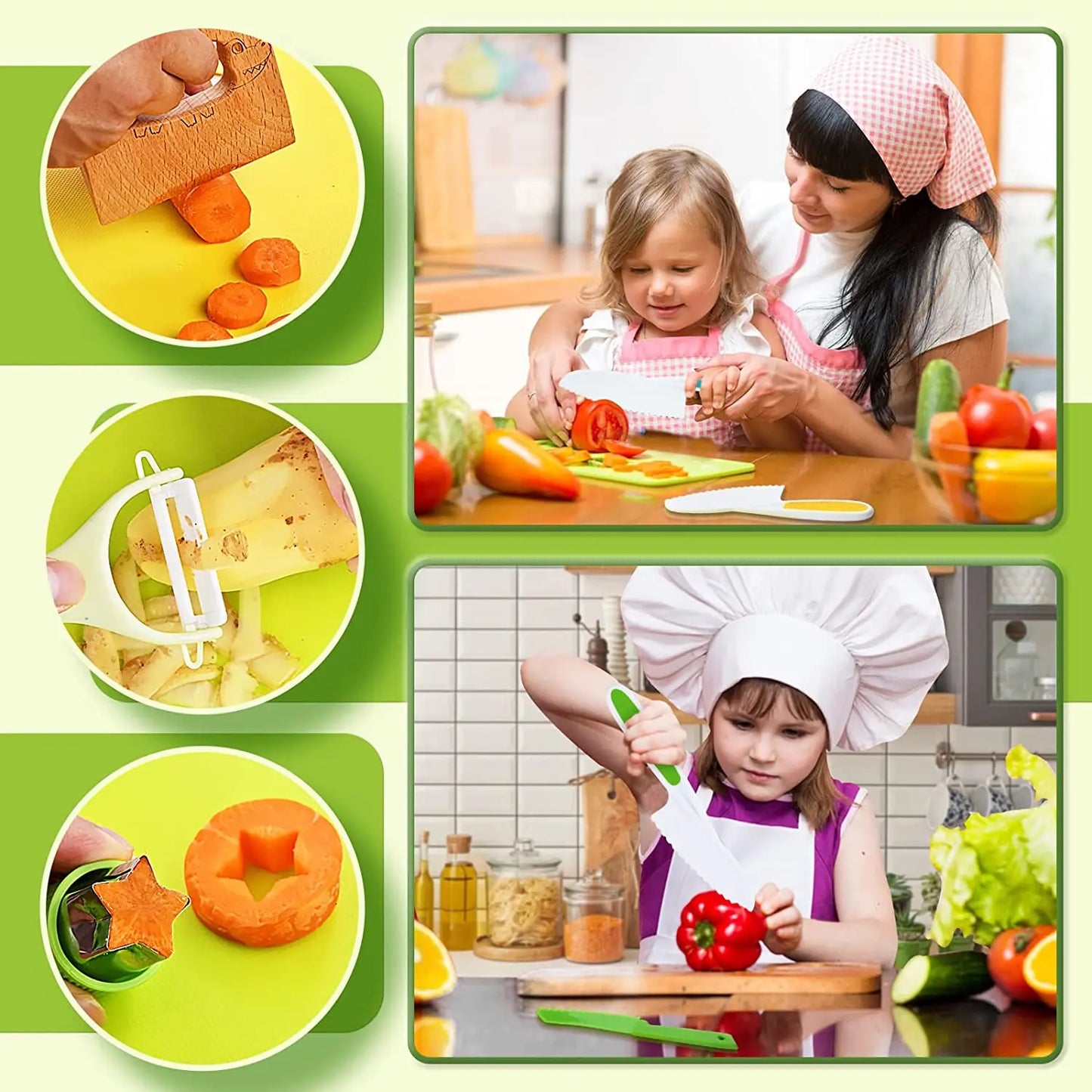 Collage featuring the Toyfetti Junior Chef Kids Cooking Set – Montessori-Inspired Safe Kitchen Tools: top right, a woman and girl slice veggies; bottom right, a girl in chef hat cuts bell pepper; left, close-ups of peeler and star-shaped carrot piece.