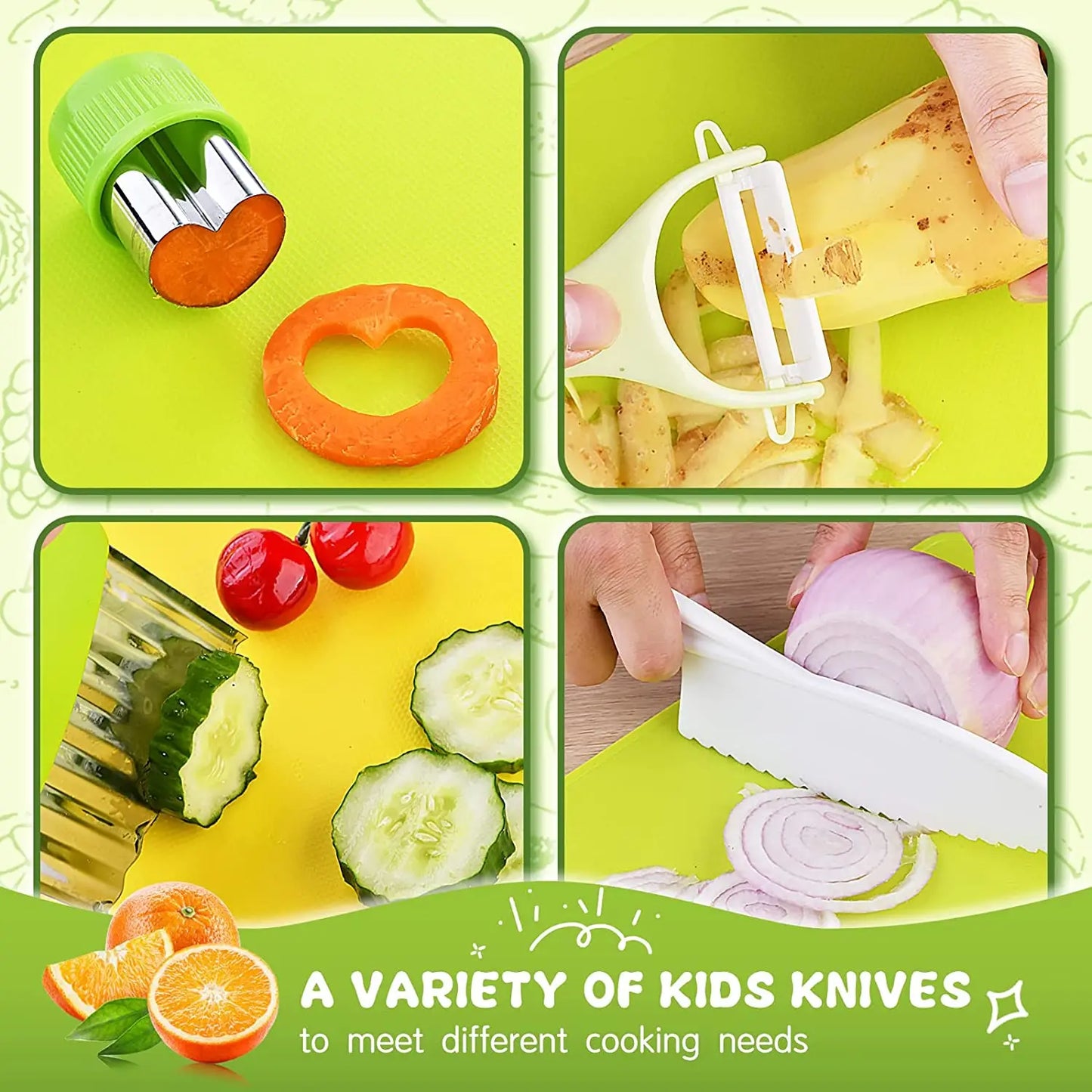 Four images show Toyfetti’s Junior Chef Kids Cooking Set: a heart-shaped vegetable cutter, white peeler, wavy knife, and safe serrated knife. Montessori-inspired tools for learning through play. Text reads: A variety of kids knives.