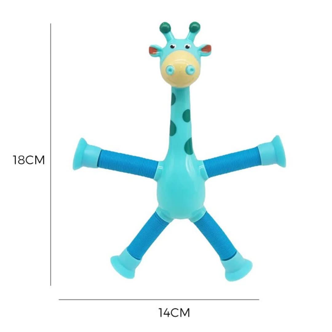 The Toyfetti Stretchy Giraffe Trio features a blue giraffe-shaped sensory toy with four flexible suction cup legs, measuring 18 cm tall by 14 cm wide—ideal as a fidget toy for kids—shown on a white background with measurement lines.
