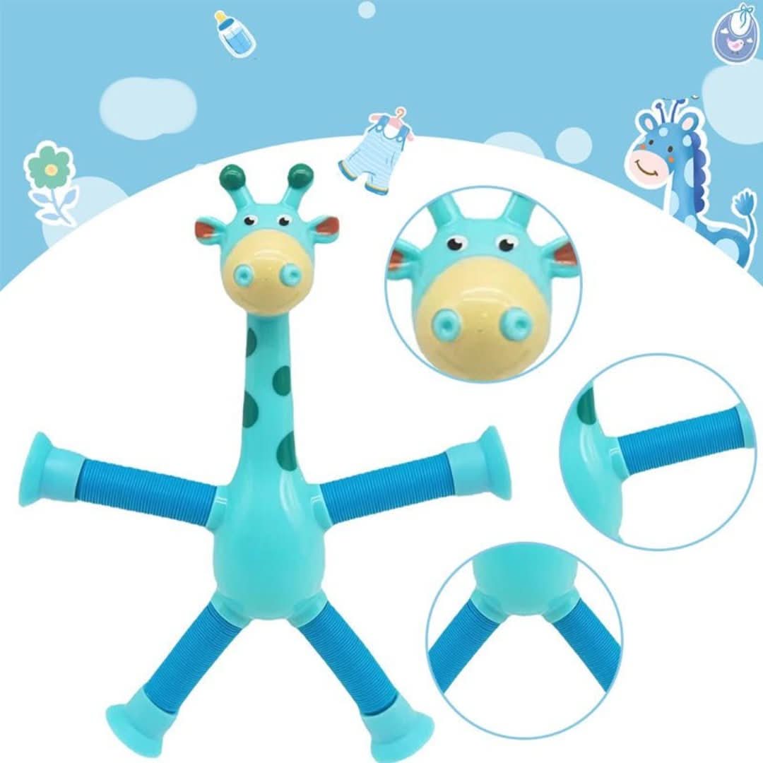 The Toyfetti Stretchy Giraffe Trio features bendable, blue giraffe-shaped sensory toys with suction cups and smiling faces. Shown among cartoon animals and baby items, theyre ideal as toddler party favors or fun, flexible fidget giraffes.