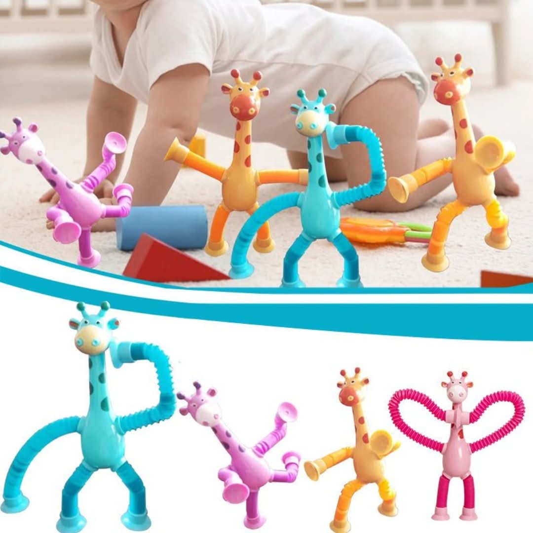 A baby crawls near Toyfetti’s Stretchy Giraffe Trio—bendable sensory toys with suction cups. The set includes colorful giraffes in blue, pink, and yellow, perfect as toddler party favors or fidget toys.