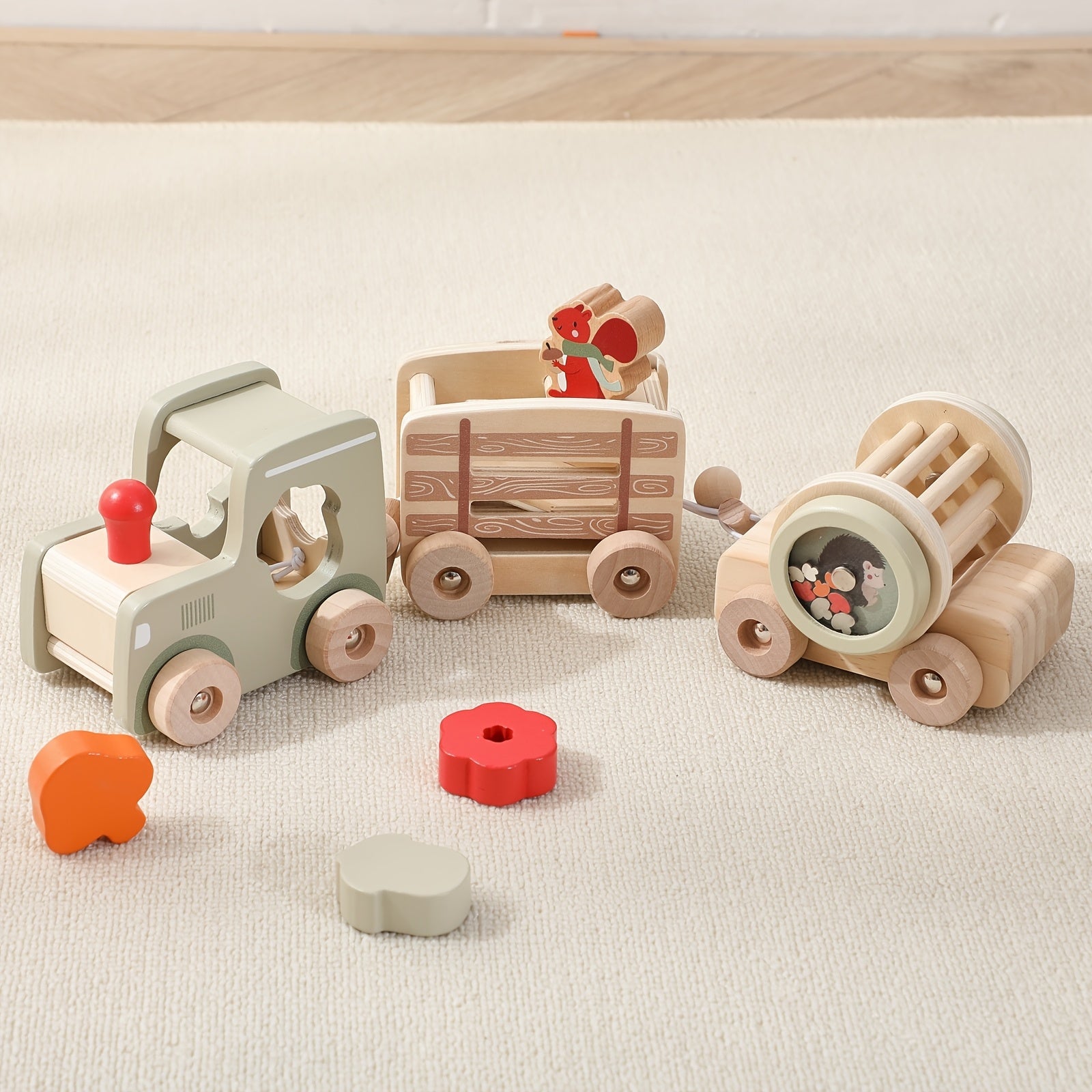 Wooden Train Puzzle Toy – Color & Shape Matching Squirrel-Toyfetti