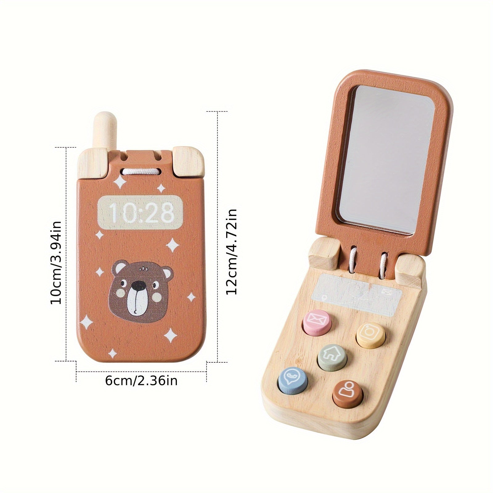 Wooden Bear Flip Phone Toy – Pretend Play Mobile with Mirror & Buttons-Toyfetti