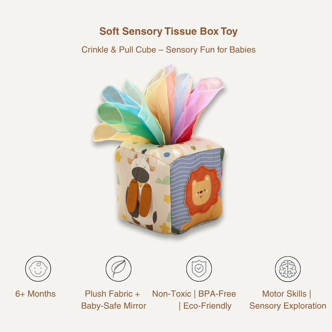 Soft Sensory Tissue Box Toy – Crinkle & Pull Cube