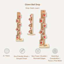 Toyfetti’s Clown Track Wooden Play Tower features three eco-friendly, non-toxic towers in various sizes with rotating clown faces and wooden balls, promoting fine motor skills and imaginative play. Kid-friendly icons showcase key features.