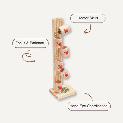 The Toyfetti Clown Track Wooden Play Tower offers creative building and rolling ball fun, includes cups and marbles, and promotes focus, patience, fine motor skills, and hand-eye coordination—perfect for imaginative play and learning.