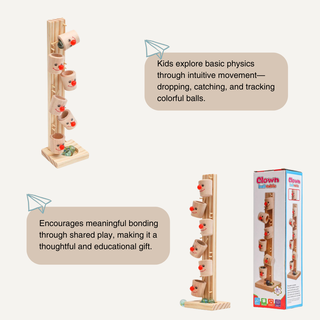 The Toyfetti Clown Track Wooden Play Tower offers creative building and rolling ball fun. Shown assembled and boxed, it encourages imaginative play, teaches physics, boosts fine motor skills, and makes an educational, thoughtful gift.