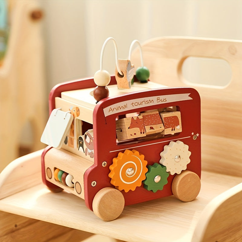 Wooden Animal Activity Bus – 6-in-1 Early Learning Maze, Shape Sorter-Toyfetti