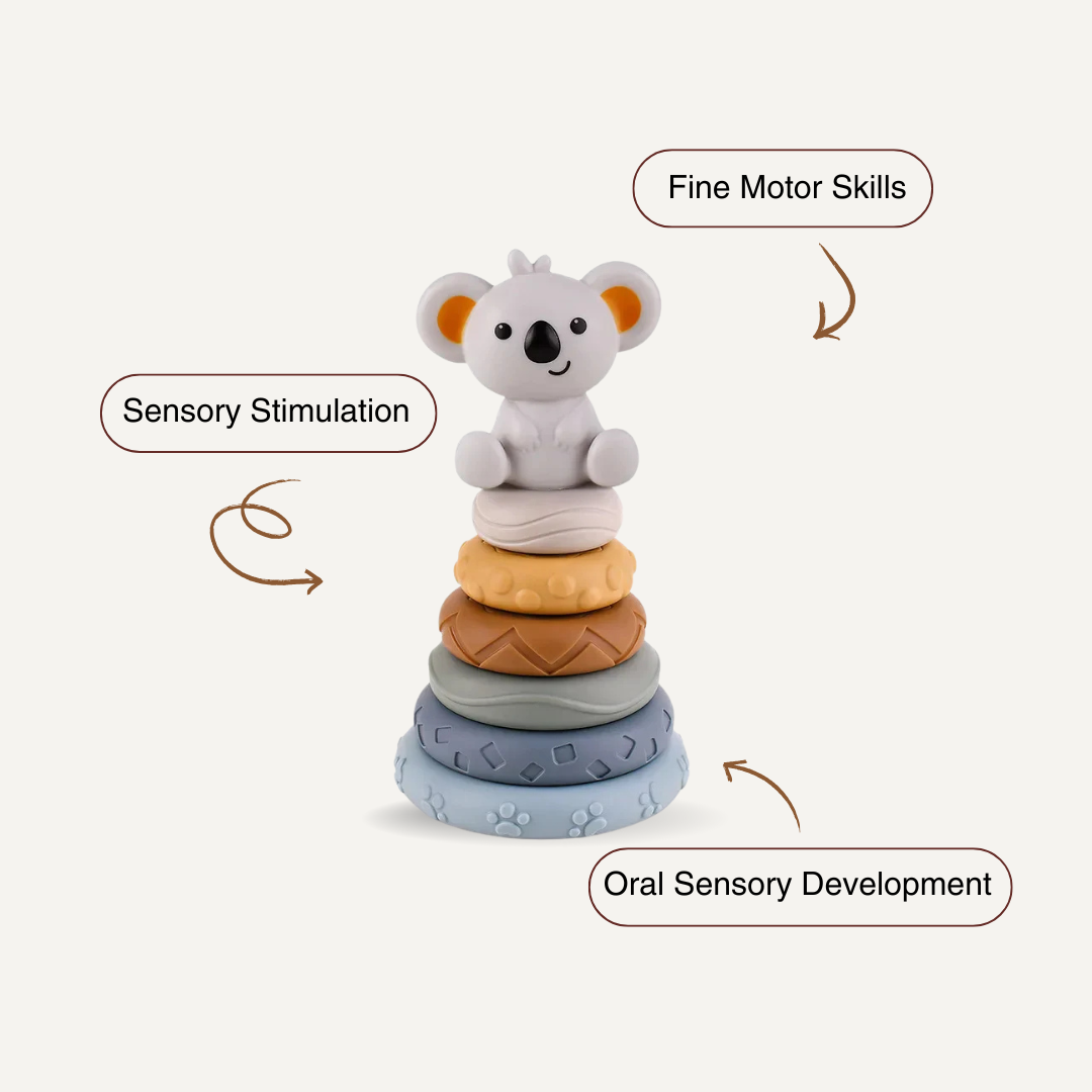 CubbyKoala – Soft Silicone Teether & Stacking Toy Set for Babies