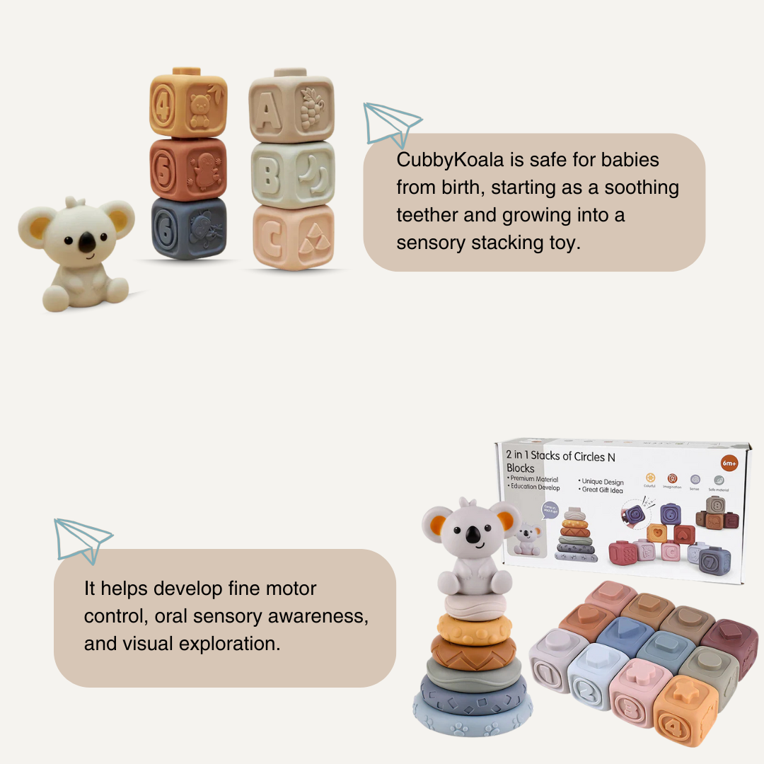 CubbyKoala – Soft Silicone Teether & Stacking Toy Set for Babies