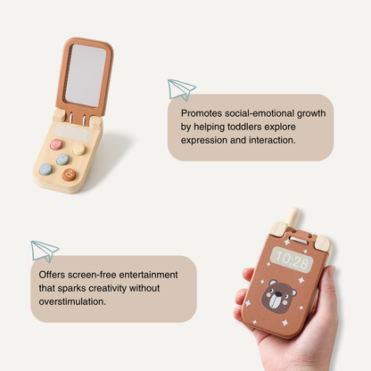 Wooden Bear Flip Phone Toy – Pretend Play Mobile with Mirror & Buttons