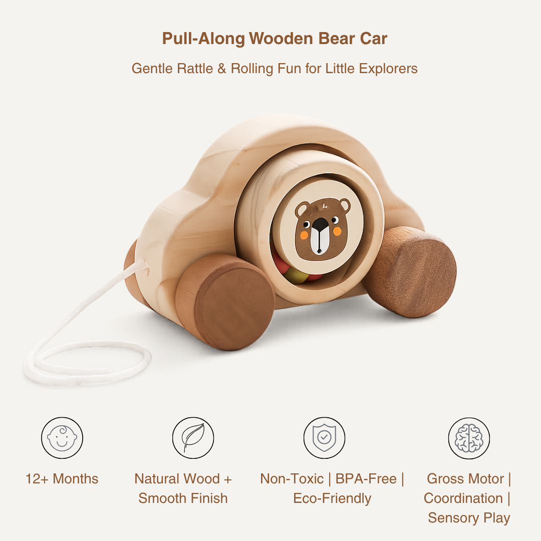 Wooden Pull-Along Bear Car – Montessori Toddler