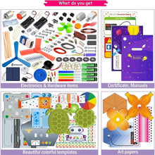 A collage featuring the Toyfetti RoboGenius 140-in-1 STEM Robotics & Engineering Kit for Kids, with electronics, hardware, certificates, manuals, colorful robot templates, and flower-shaped art papers for creative DIY learning.