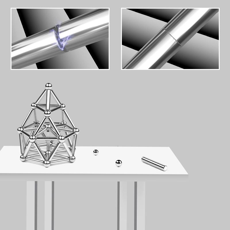 A digital illustration features Toyfetti’s MagnoCraft Magnetic Building Set for Creative Kids, with rods and spheres forming a pyramid on a table to boost focus, logic, and imagination. Insets show rods connecting and a spark between two rods.