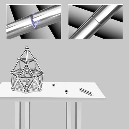 A digital illustration features Toyfetti’s MagnoCraft Magnetic Building Set for Creative Kids, with rods and spheres forming a pyramid on a table to boost focus, logic, and imagination. Insets show rods connecting and a spark between two rods.