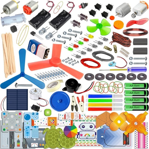 The Toyfetti RoboGenius 140-in-1 STEM Robotics & Engineering Kit for Kids features colorful DIY components like propellers, motors, wires, batteries, switches, solar panels, gears, and tools—perfect for hands-on science and engineering fun.