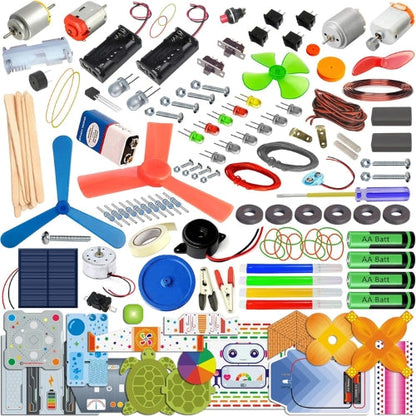 The Toyfetti RoboGenius 140-in-1 STEM Robotics & Engineering Kit for Kids features colorful DIY components like propellers, motors, wires, batteries, switches, solar panels, gears, and tools—perfect for hands-on science and engineering fun.