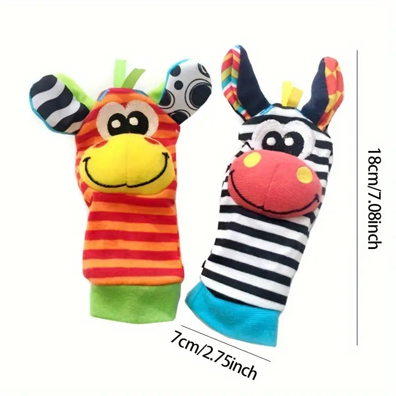 Toyfetti’s Plush Animal Baby Socks & Wrist Rattle Set features two vibrant animal designs—one with orange-red stripes, yellow face, green ears; the other with black-white stripes, pink snout, and multicolor ears. Size: 18cm x 7cm.