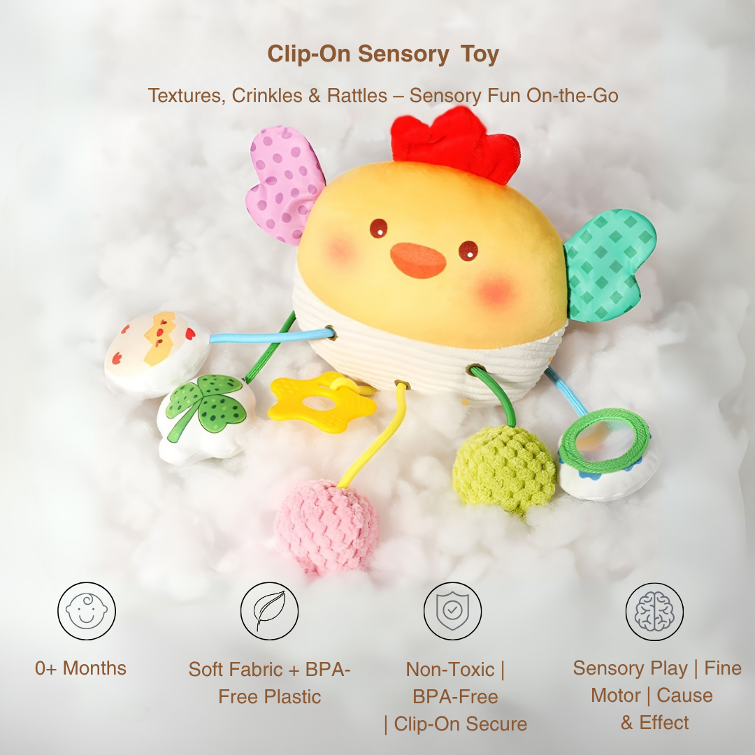 The Toyfetti Crabby Clip-On Sensory Toy is a colorful hanging baby activity plush with rattles, textured elements, and crinkles. Its soft, non-toxic, BPA-free, and perfect for crib or on-the-go playtime with developmental benefits.