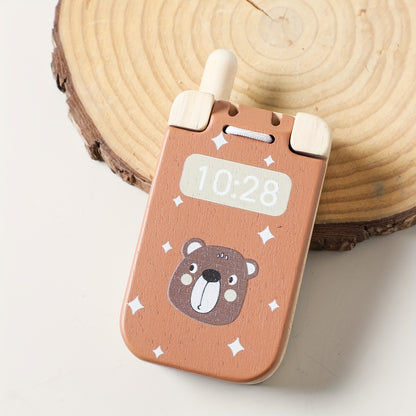 Wooden Bear Flip Phone Toy – Pretend Play Mobile with Mirror & Buttons-Toyfetti
