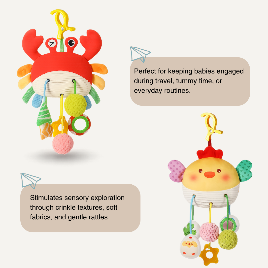 The Toyfetti Crabby Clip-On Sensory Toy is a colorful hanging baby plush with rattles, rings, and textured fabrics, ideal for crib or stroller use. It supports sensory exploration and keeps babies engaged.