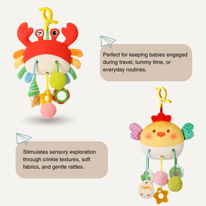 The Toyfetti Crabby Clip-On Sensory Toy is a colorful hanging baby plush with rattles, rings, and textured fabrics, ideal for crib or stroller use. It supports sensory exploration and keeps babies engaged.